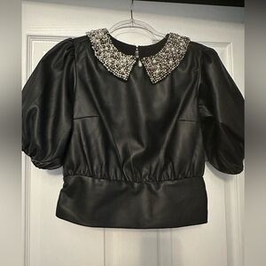 Anthropologie pleather top with pearl detailed collar